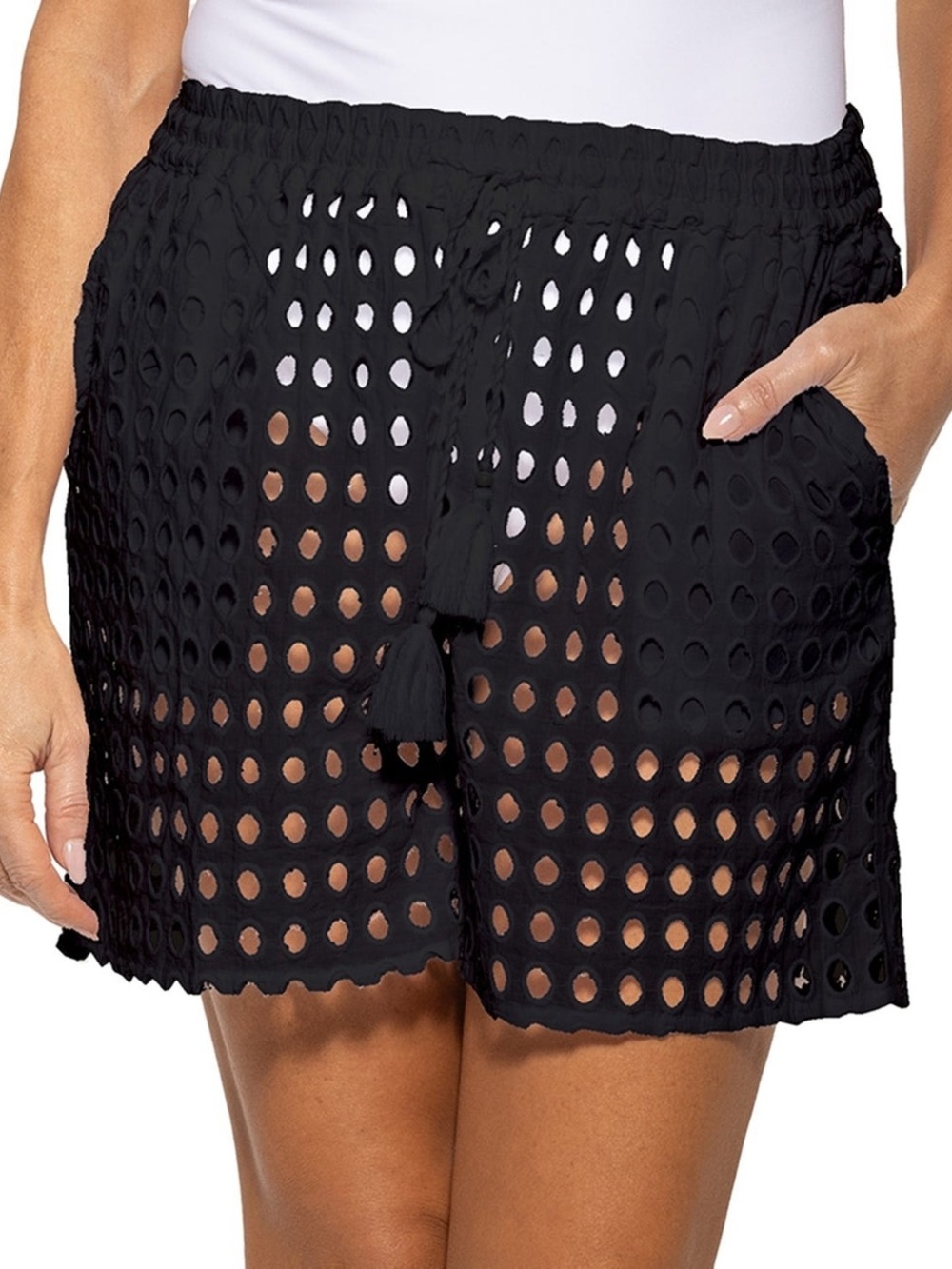 Dotti Women’s Cotton Openwork Dot Drawstring-Waist Shorts Black